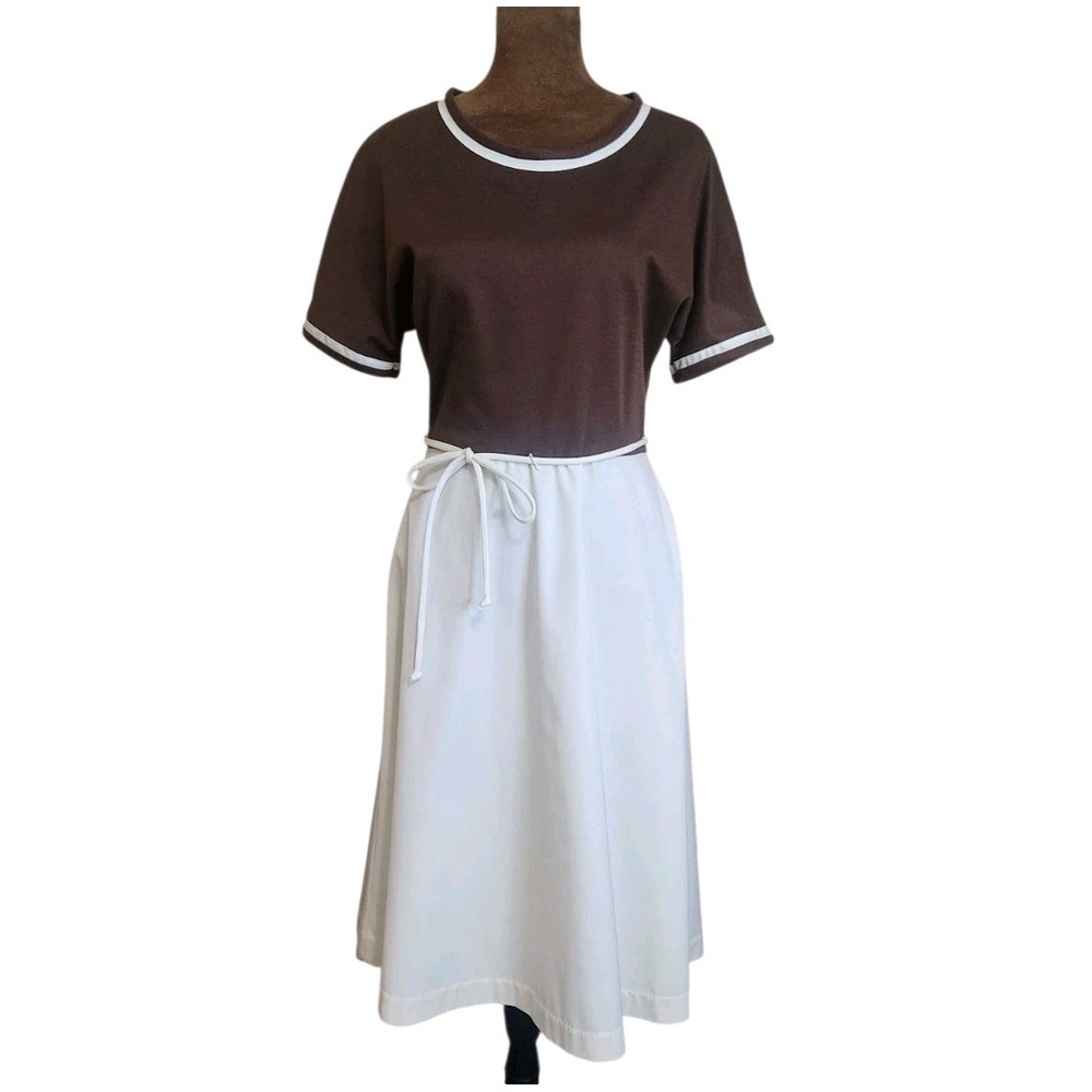 Vintage 70s Toni‎ Todd Dress A-line Casual Everyday Cream Brown Short Sleeve